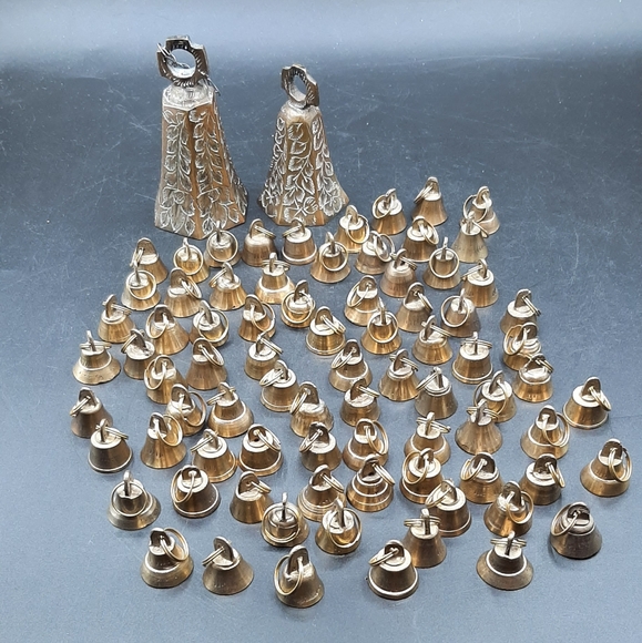 Vintage Brass Hanging Bells Engraved Two Larger And 80 Mini Bells Crafts Decor - Picture 1 of 7